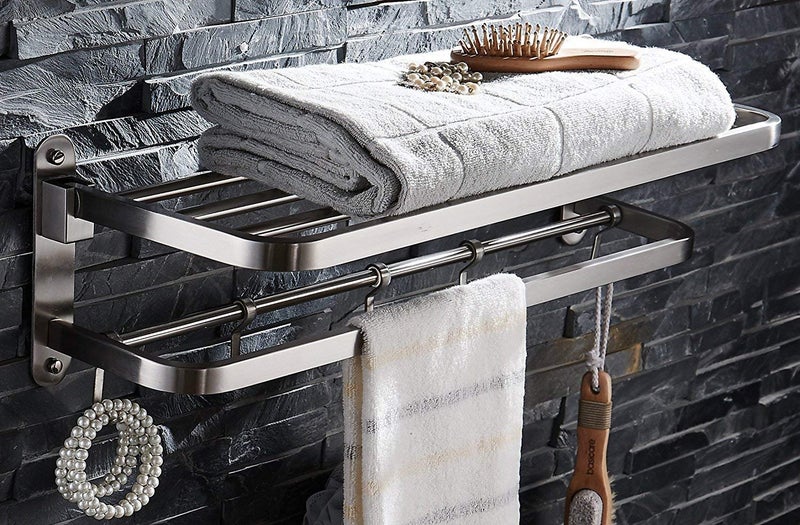 ELLO&ALLO Stainless Steel Towel Racks for Bathroom Shelf Double Towel Bar Holder with Hooks Wall Mounted Multifunctional Foldable Brushed Nickel - Image 4